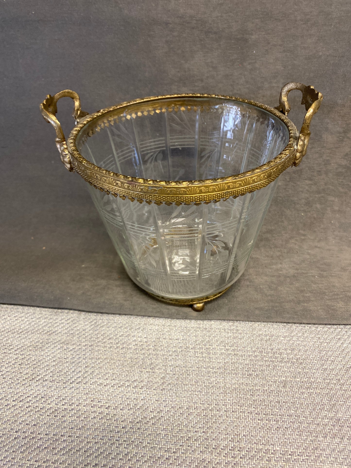 Sm Vintage Cut Glass/Brass Ice Bucket