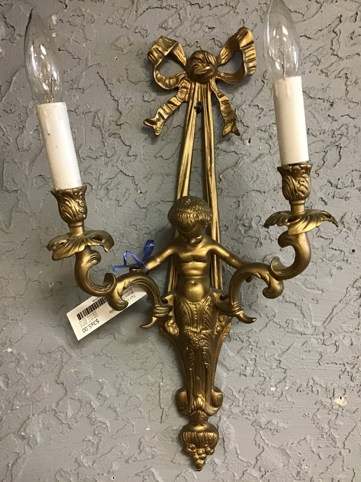 Pair Louis XVI Style Brass Cherub Sconces