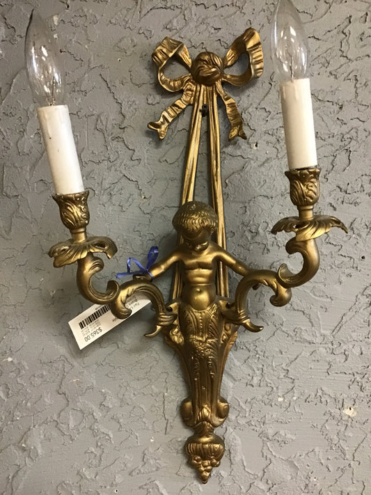 Pair Louis XVI Style Brass Cherub Sconces