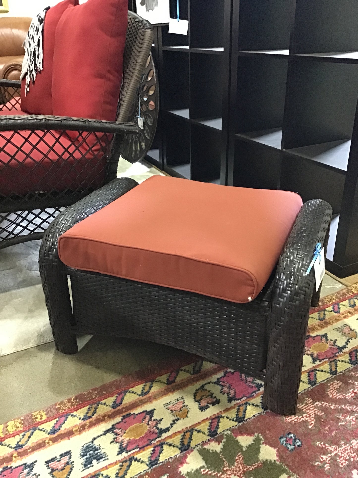 Resin Wicker Ottoman w/Red Cushion