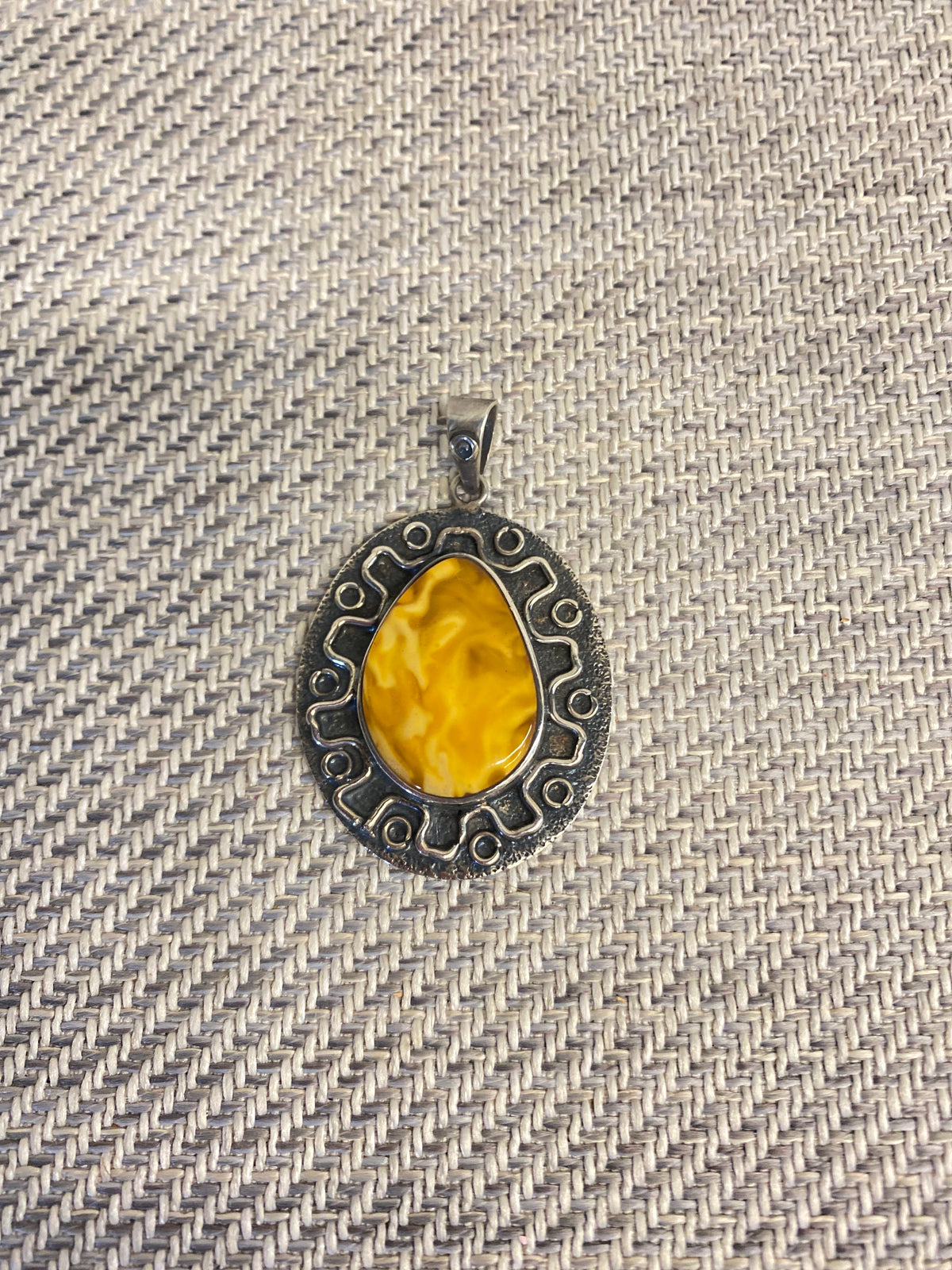 Silver Tone Metal Pendant - Amber Stone