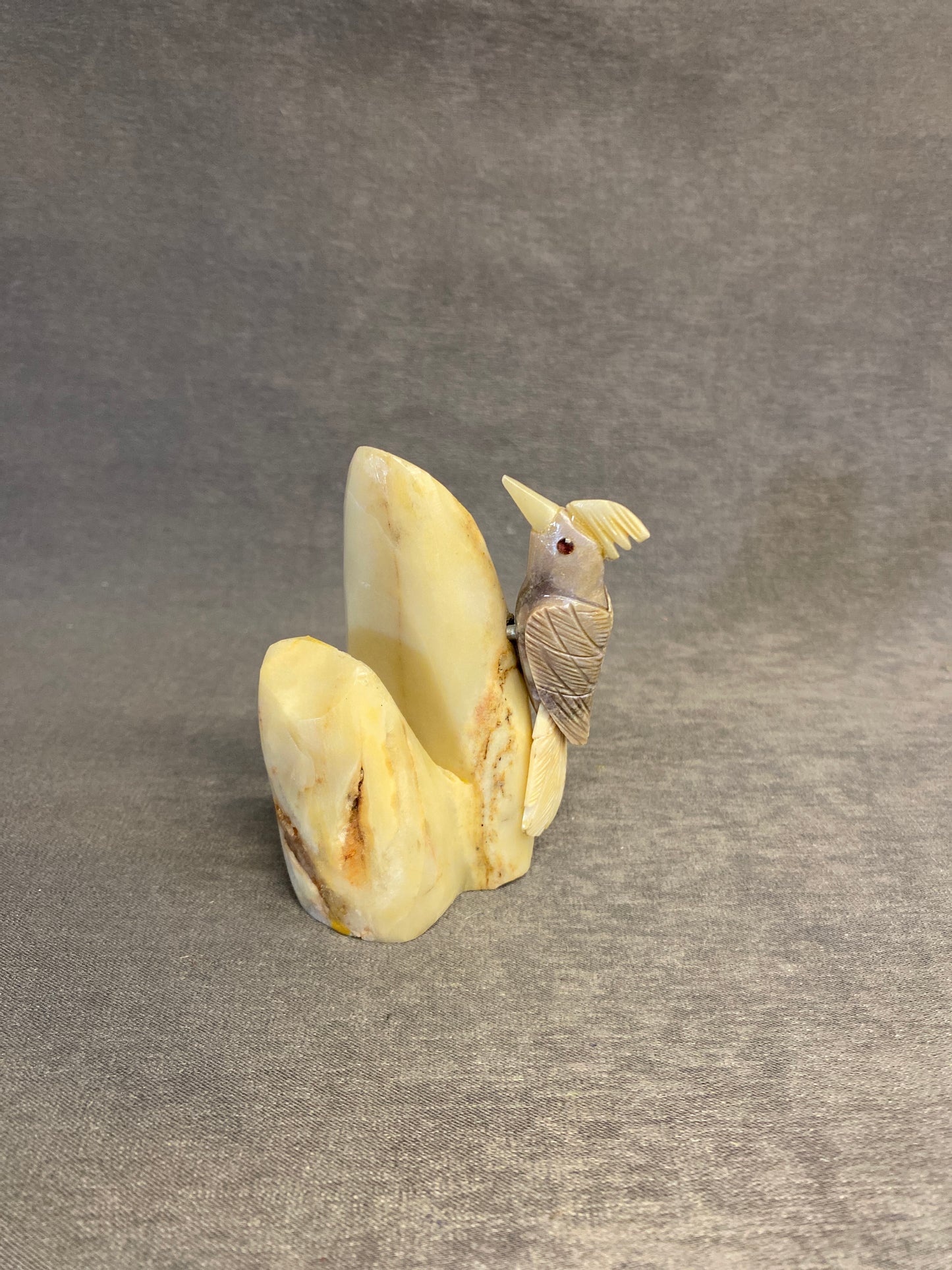 2PC Carved Stone Wood Pecker On Log