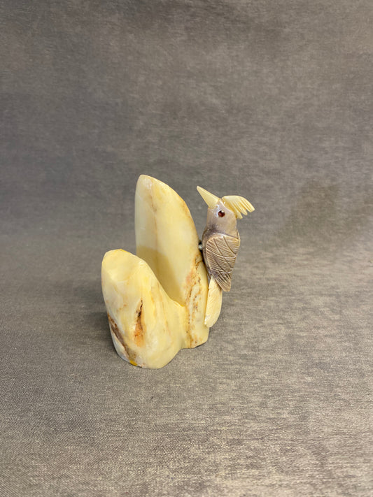 2PC Carved Stone Wood Pecker On Log