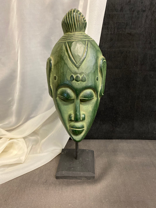 Carved Wood Mask On Stand - Green