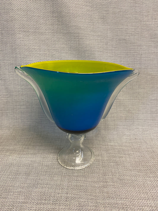Art Glass Footed Bowl - Blue & Yellow