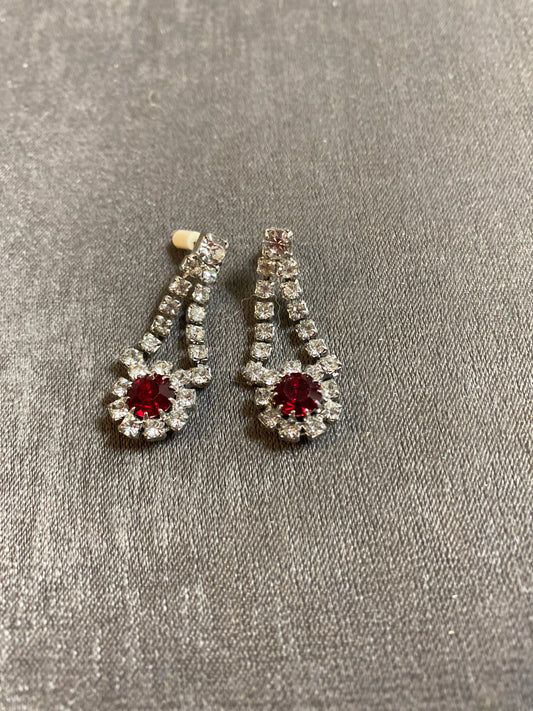 Pair Pierced Earrings - Red Crystal Drops