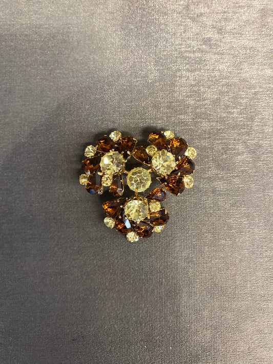 Vintage Rhinestone Brooch - Brown & Yellow