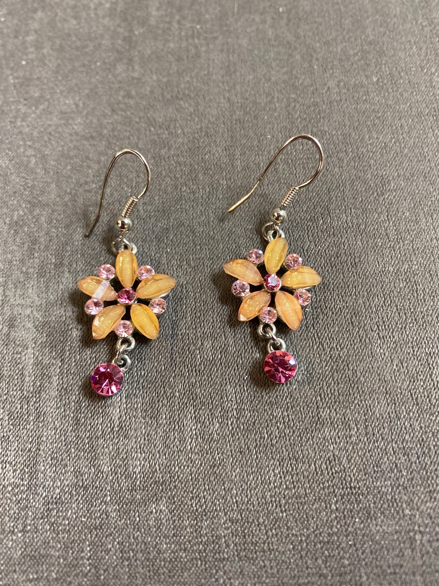 Pair Pierced Earrings - Pink Crystal Flowers
