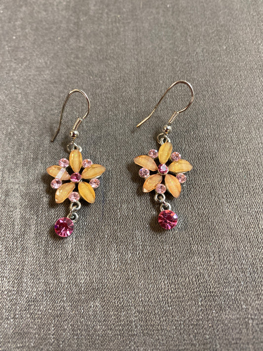Pair Pierced Earrings - Pink Crystal Flowers