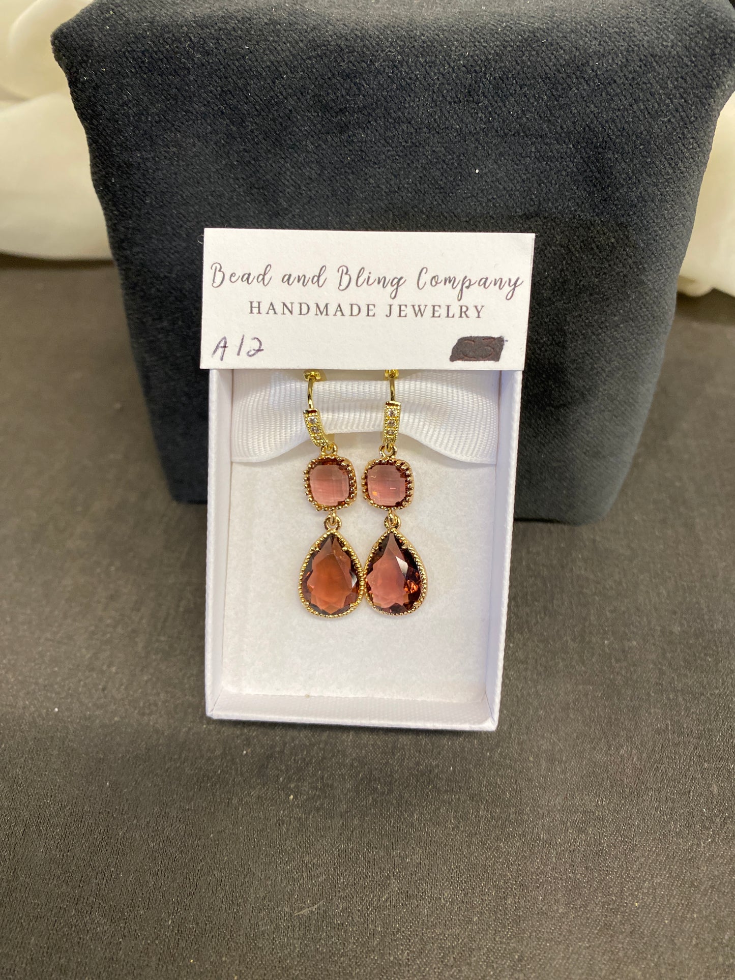 NEW! Handmade Pierced Earings - Burg. Sq/Teardrop