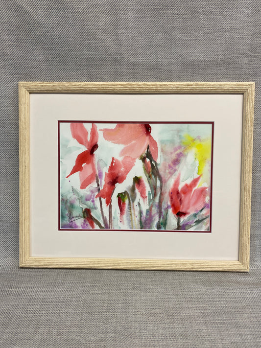 Framed Watercolour Painting - Red Flowers