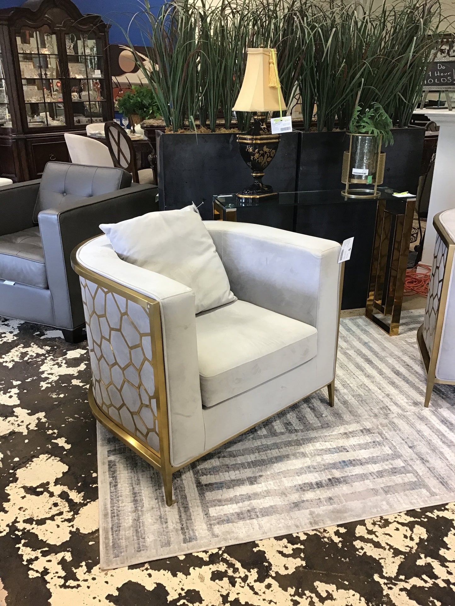 Grey Velvet Tub Chair & Toss Cushion