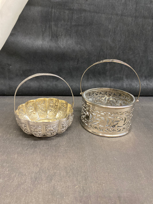 PAIR Metal Baskets - Silver Tone