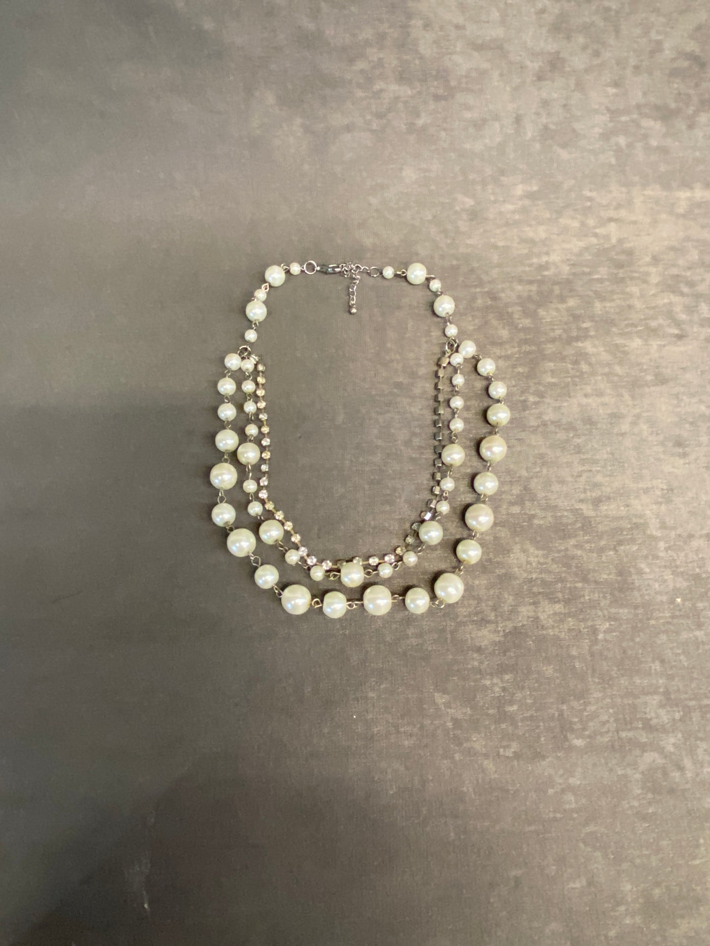 3 Strand Necklace - Faux Pearls & Rhinestones