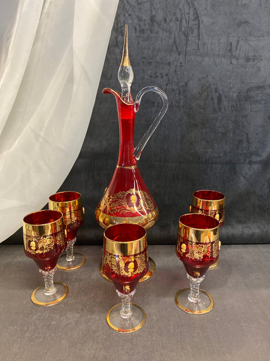 6PC Decanter Set - Red & Gold