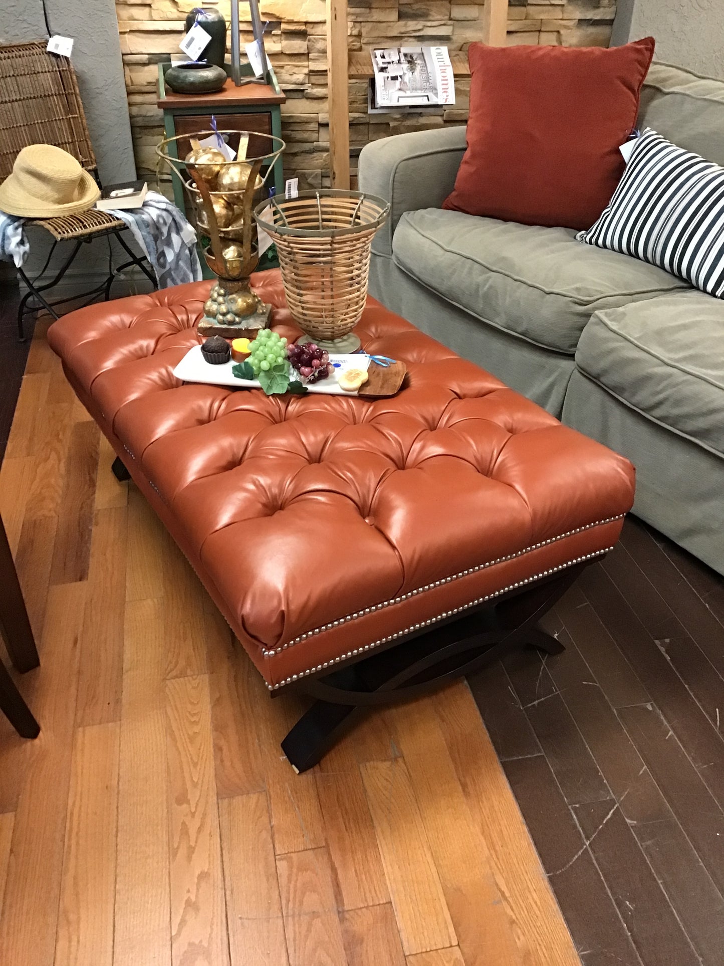 Burnt Orange Leather Ottoman
