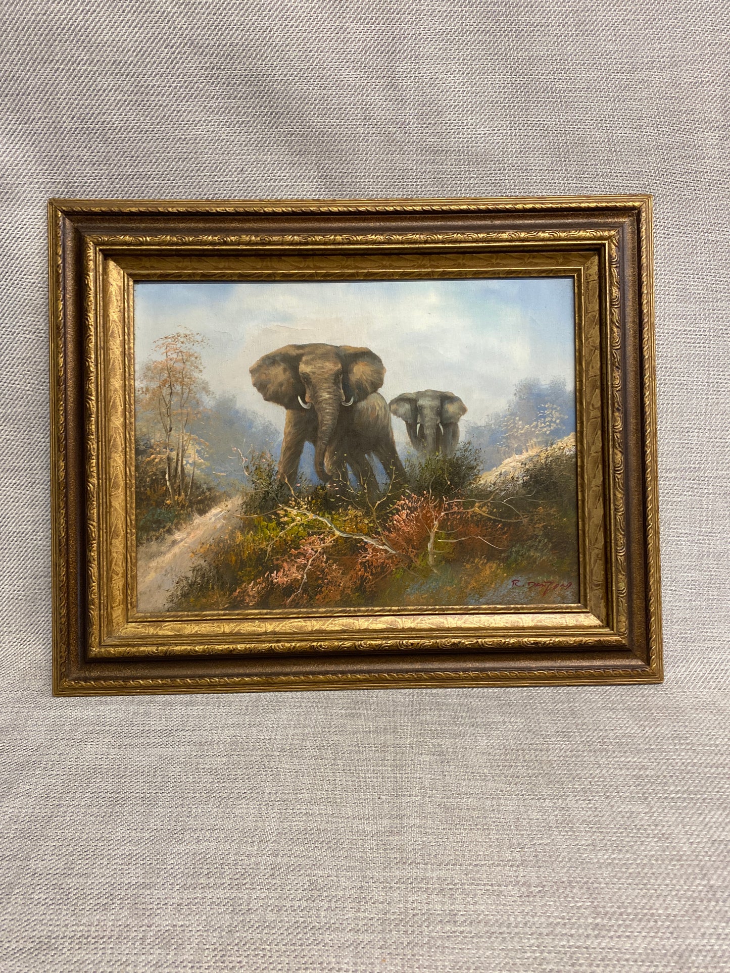 Vintage Framed Painting - Elephants