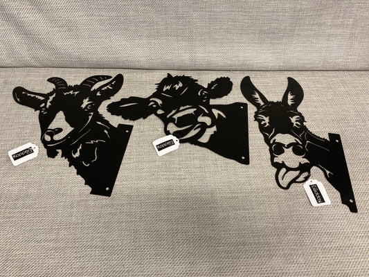 New! Set 3 Metal Fence Decor - Cow, Goat & Donkey