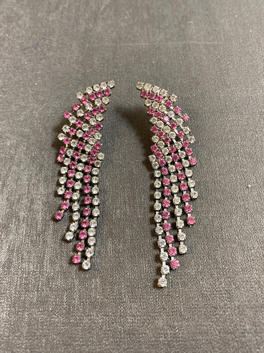 Pair Pierced Earrings - Pink Rhinestone Dangles