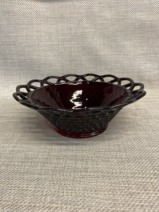 Vintage Cranberry Glass Bowl - Lace Edge