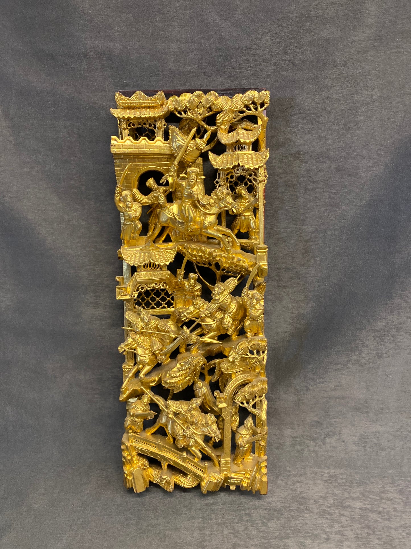Vintage Chinese Carved Wood Panel - Gold