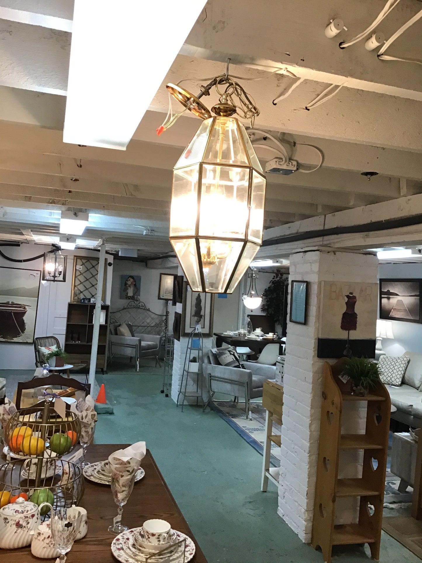 Beveled Glass & Brass Hanging Light