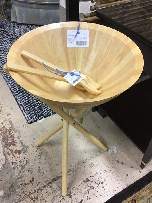 Wooden Salad Bowl w/Stand & 2 Utensils