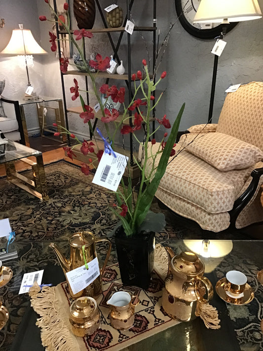 Faux Flowers in Black Wooden Planter