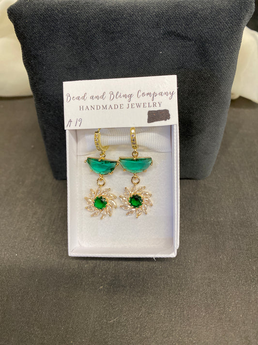 NEW! Handmade Pierced Earings - Green Semi-Circle/Floral