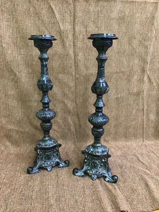 Pair Dark Metal Distressed Look Candlesticks