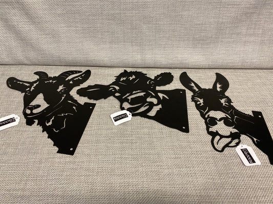New! Set 3 Metal Fence Decor - Cow, Goat & Donkey