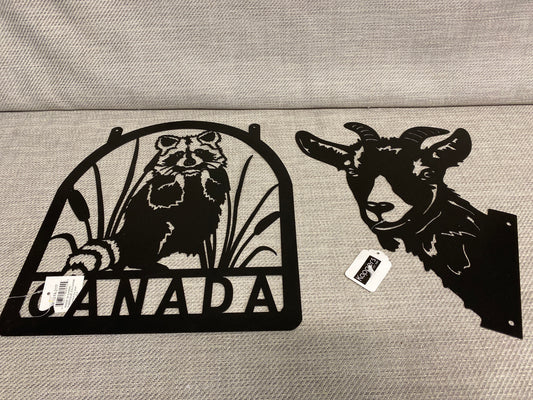 New! Set 2 Metal Fence Decor - Goat & Canada