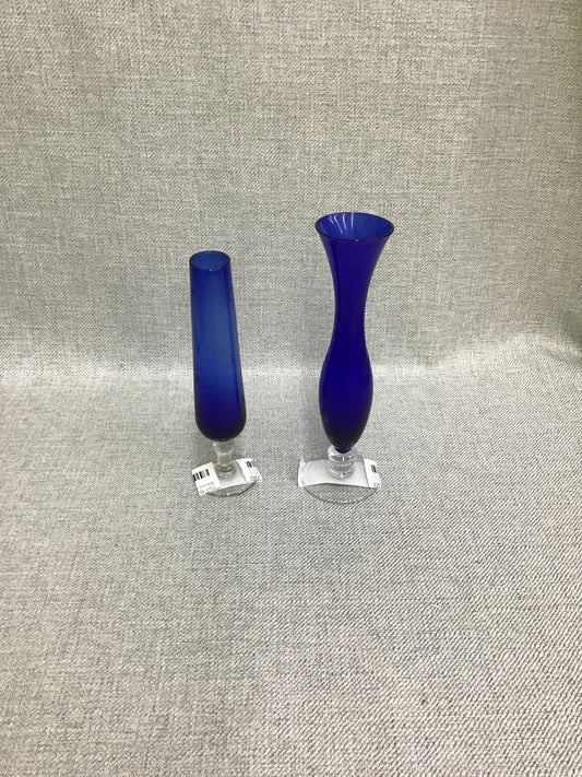 Pair Blue Glass Bud Vases- 7.25"h & 8"h