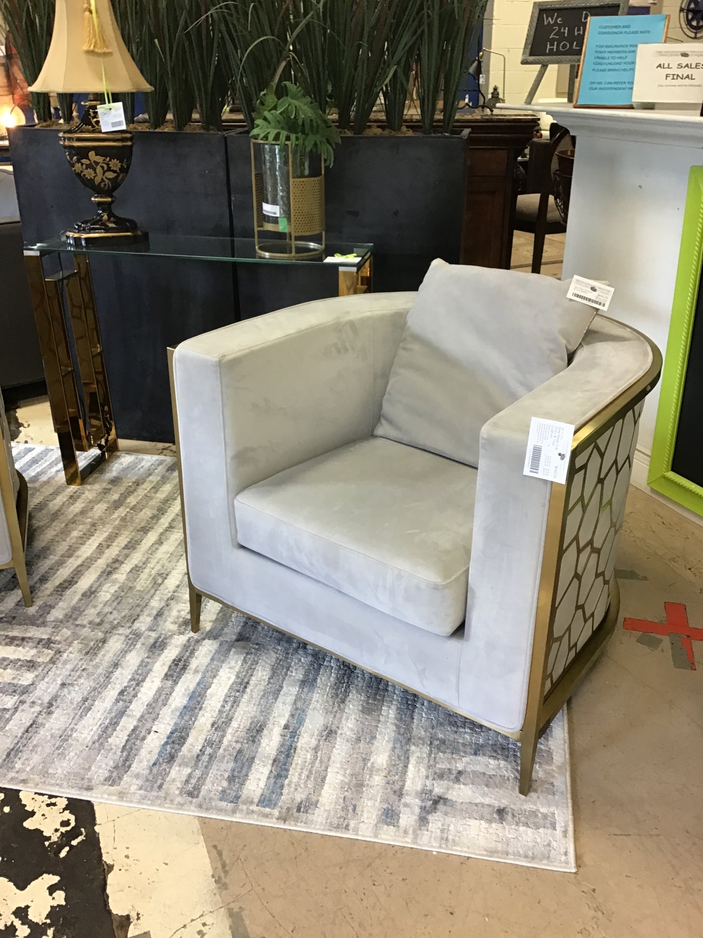 Grey Velvet Tub Chair & Toss Cushion