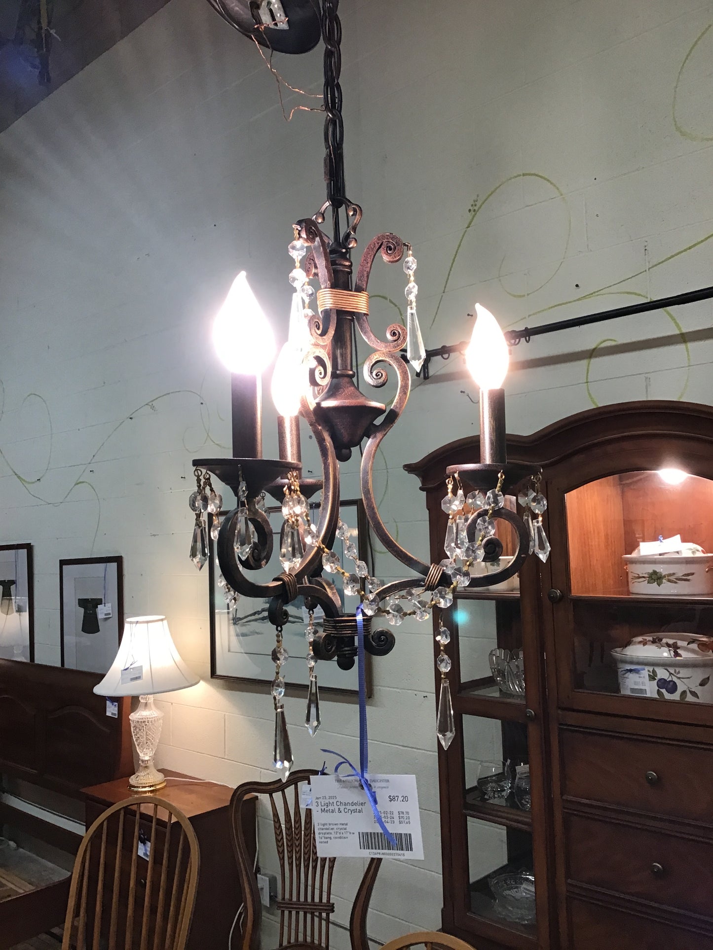 3 Light Chandelier - Metal & Crystal