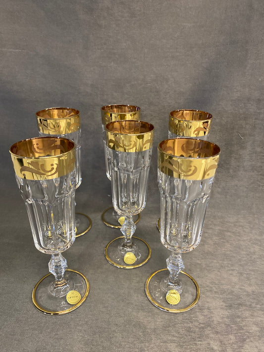 Set 6 Crystal Champagne Flutes - Gold Trim