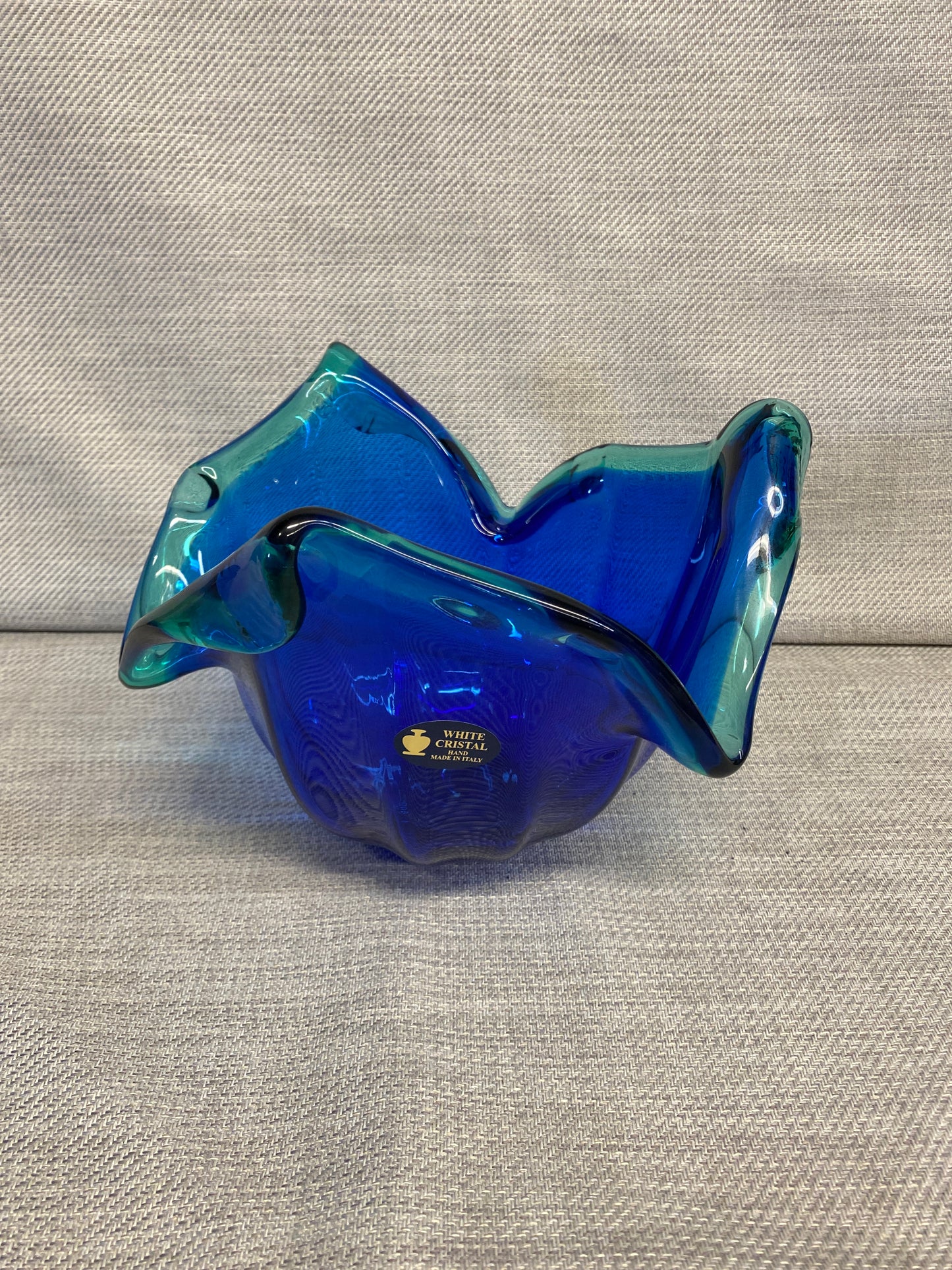 White Crystal Art Glass Bowl - Blue