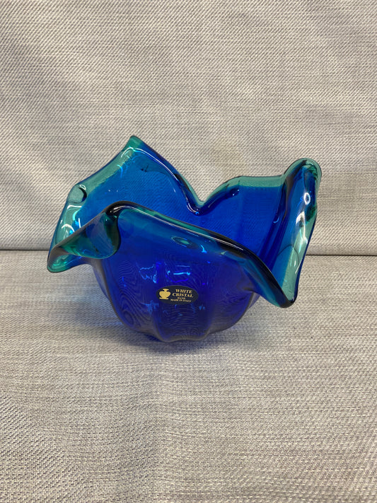 White Crystal Art Glass Bowl - Blue
